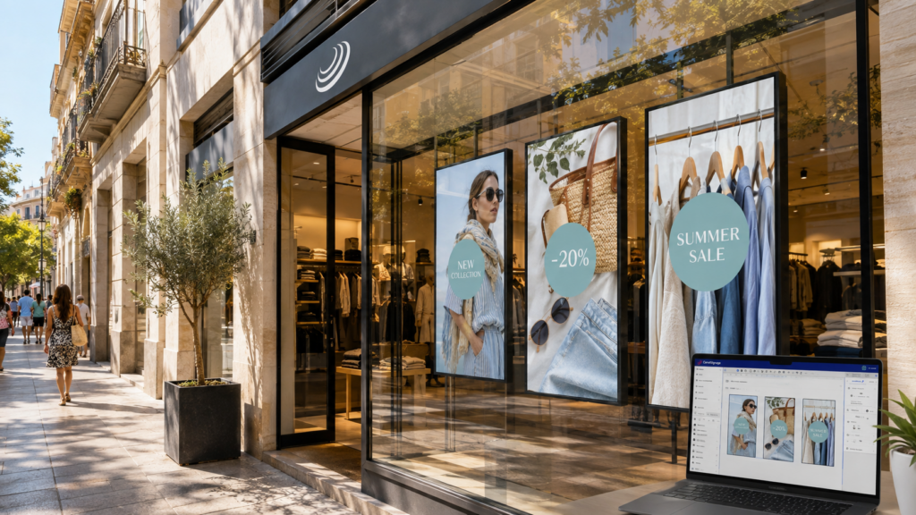 Pantallas de cartelería digital en el escaparate de una tienda gestionadas con CanalSignage