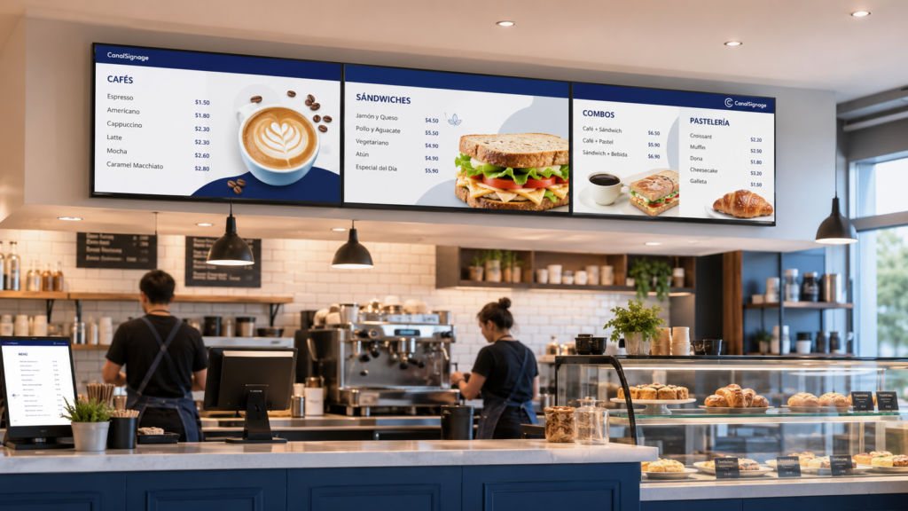 Menú digital para restaurantes en pantalla sobre el mostrador con CanalSignage