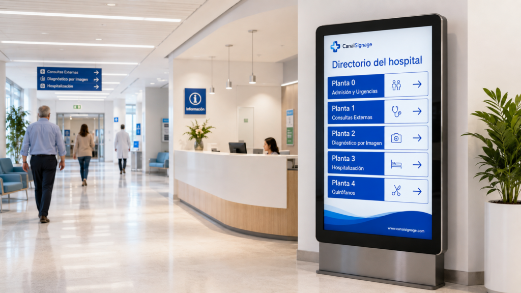 señalización digital para hospitales con directorio de plantas