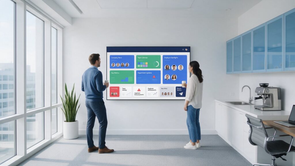 Pantalla informativa de comunicación interna en una oficina