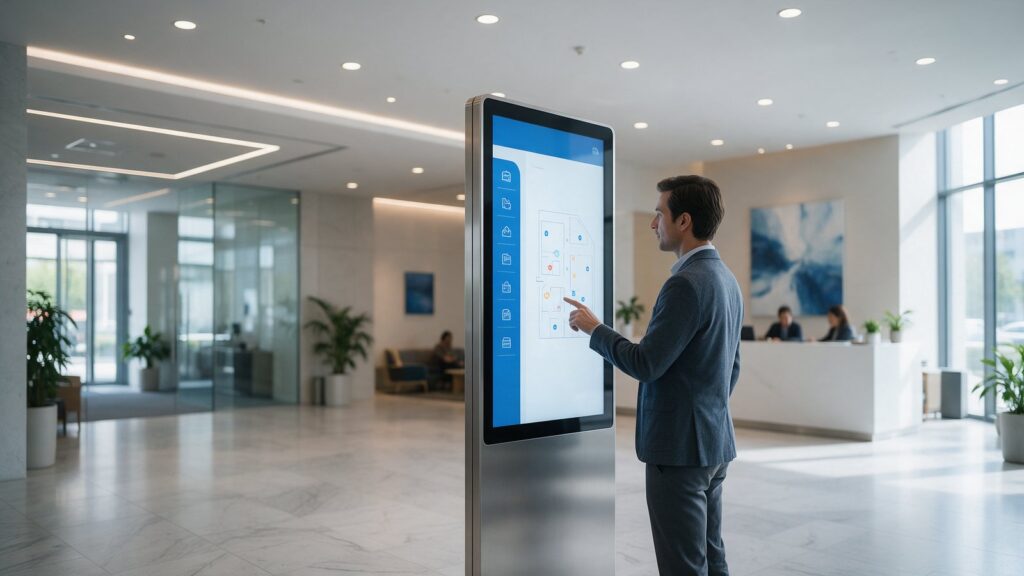 Visitante usando un quiosco táctil con el directorio digital de un edificio