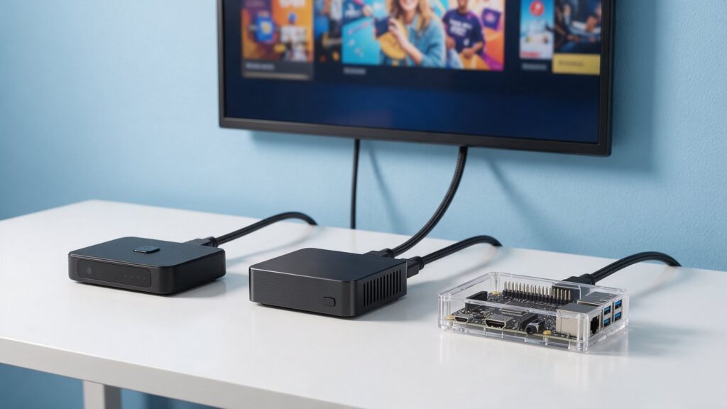 Reproductores de digital signage Android, mini PC y Raspberry Pi conectados a una pantalla