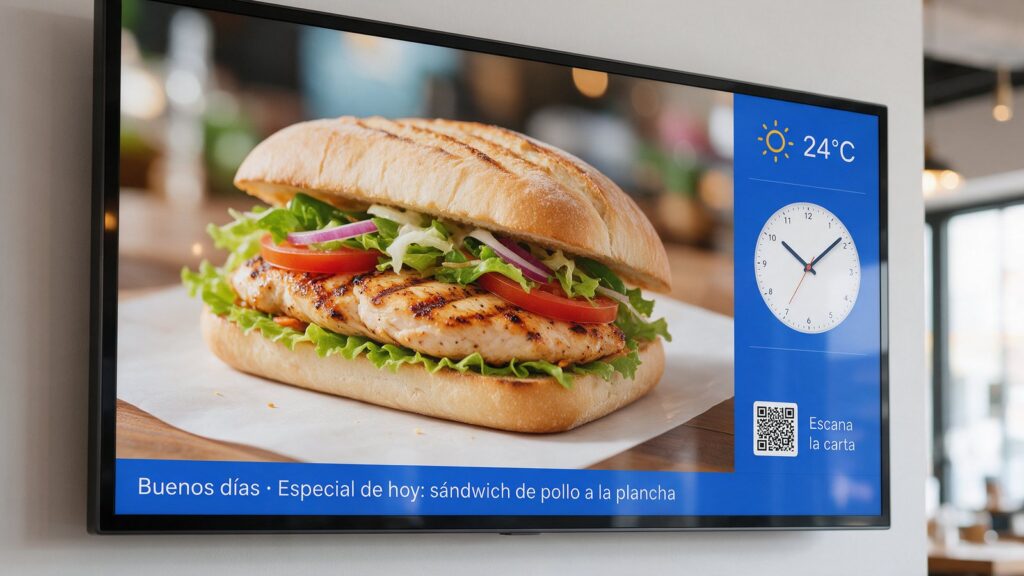 Pantalla de cartelería digital con widgets de tiempo, reloj, código QR y texto en movimiento